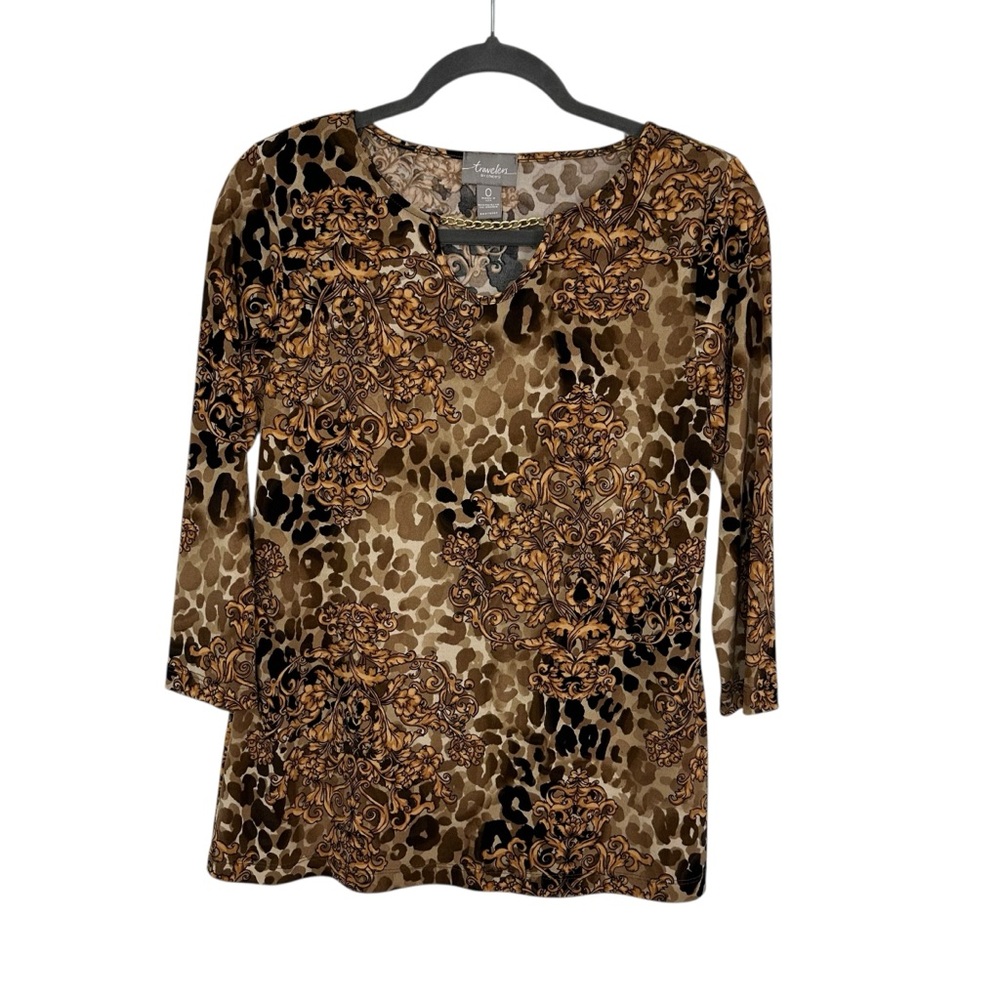 Chico's Travelers Size 0 Keyhole Neck Animal Print Top 3/4 Sleeve Brown Tan